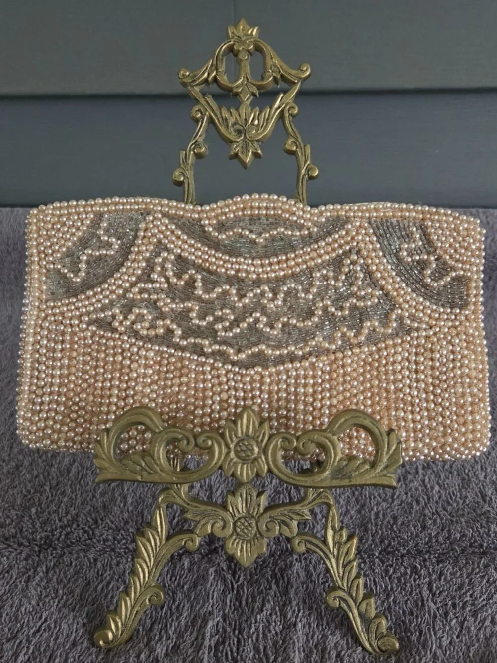 Vintage Japanese Beaded Evening Bag Clutch Ivory Gray Pearls Zip Close 7.5